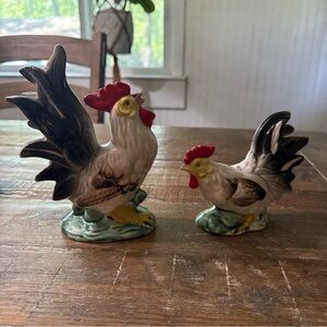 Vintage Japan Rooster and Hen Figurines Red, Yellow, Green, Brown